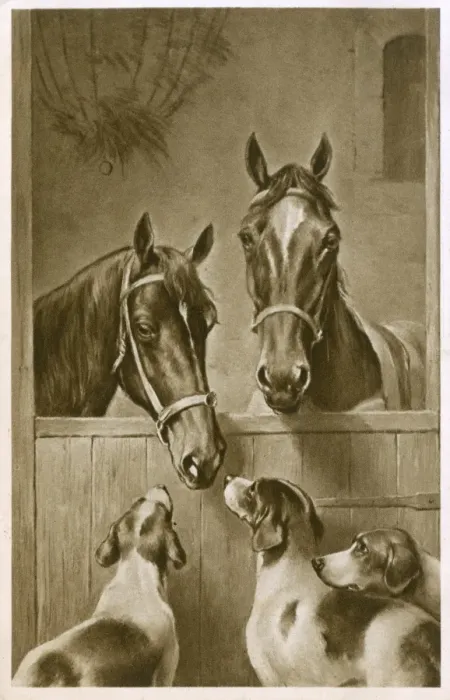 Framed Print : Two Horses and three hounds Framed Print : Two Horses and three hounds