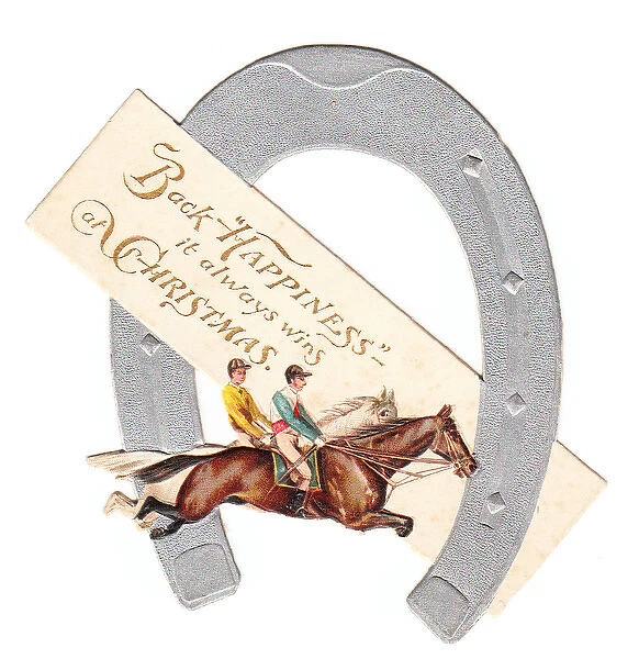 Horses racing on a horseshoe-shaped Christmas card