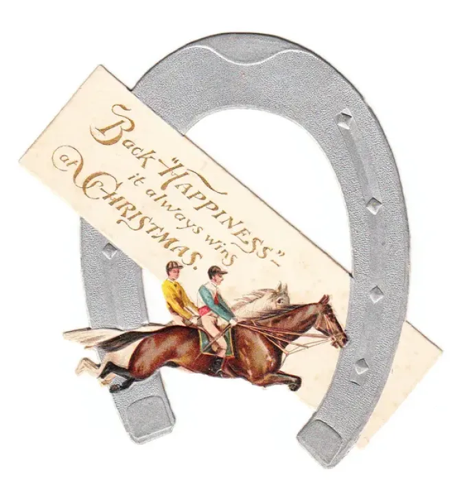 Framed Print : Horses racing on a horseshoe-shaped Christmas card Framed Print : Horses racing on a horseshoe-shaped Christmas card