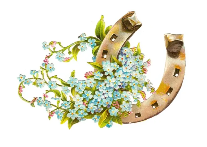 Framed Print : Horseshoe with blue flowers on a Victorian scrap Framed Print : Horseshoe with blue flowers on a Victorian scrap