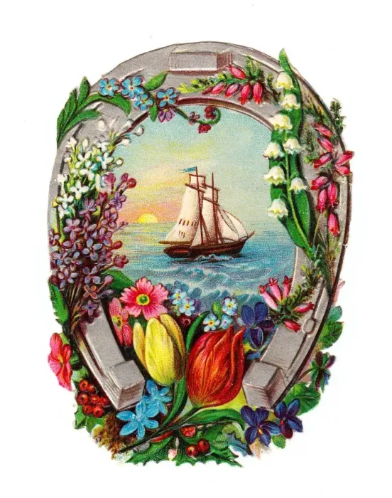 Framed Print : Horseshoe with flowers and seascape on a Victorian scrap Framed Print : Horseshoe with flowers and seascape on a Victorian scrap