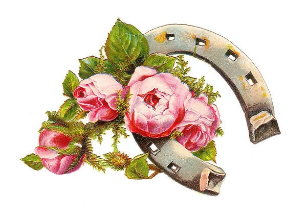 Horseshoe with pink roses on a Victorian scrap