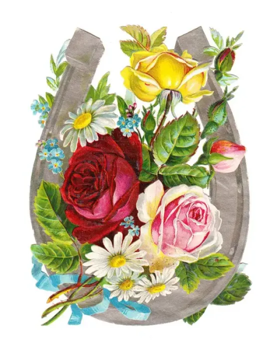 Framed Print : Horseshoe with roses and daisies on a Victorian scrap Framed Print : Horseshoe with roses and daisies on a Victorian scrap
