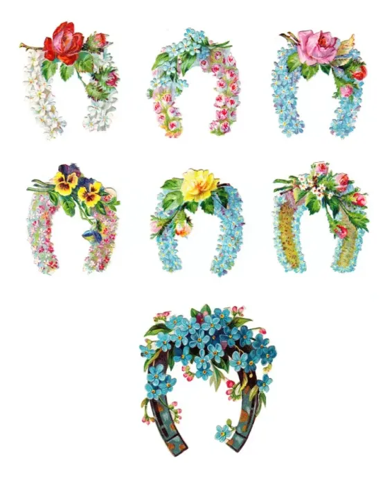 Framed Print : Horseshoes and flowers on seven Victorian scraps Framed Print : Horseshoes and flowers on seven Victorian scraps