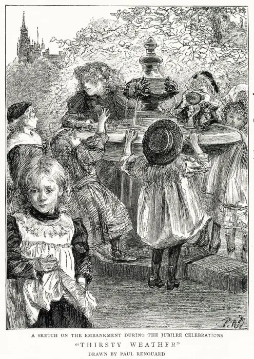 Framed Print : During a hot day at Embankment, London, young children gathering round a public water fountain during the celebrations of the Queen Victoria's Diamond Jubilee. Date: July 1897 Framed Print : During a hot day at Embankment, London, young children gathering round a public water fountain during the celebrations of the Queen Victoria's Diamond Jubilee. Date: July 1897