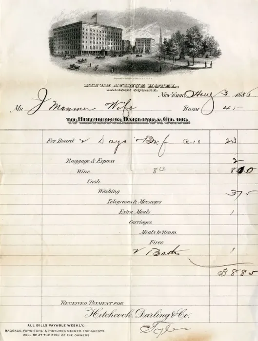 Framed Print : Hotel bill, Fifth Avenue Hotel, New York, USA Framed Print : Hotel bill, Fifth Avenue Hotel, New York, USA
