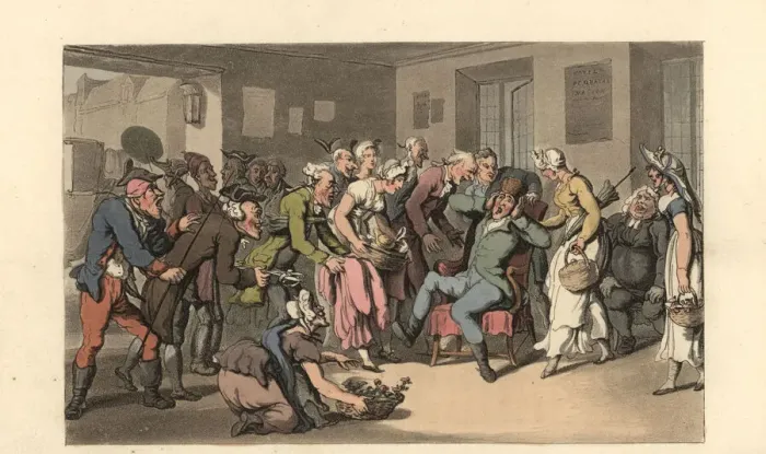 Framed Print : Hotel guest beset by salespeople in the parlour Framed Print : Hotel guest beset by salespeople in the parlour