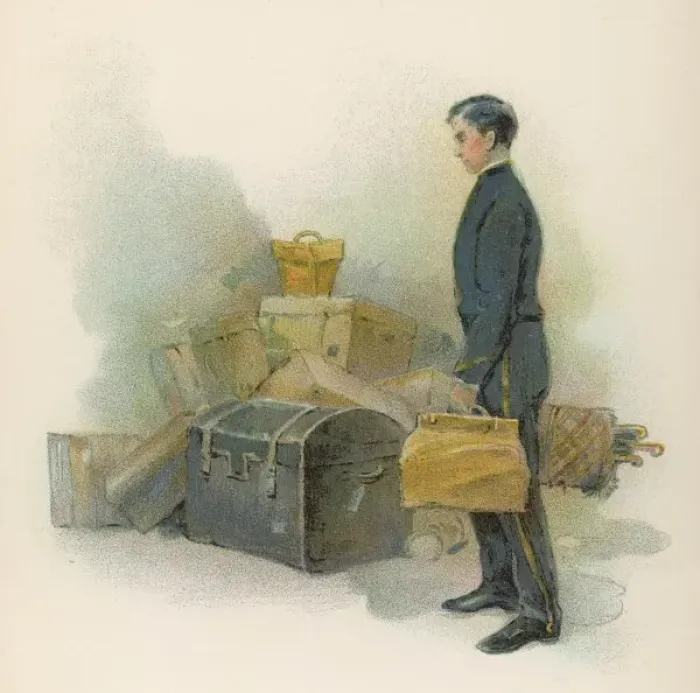 Framed Print : Hotel Page and Luggage