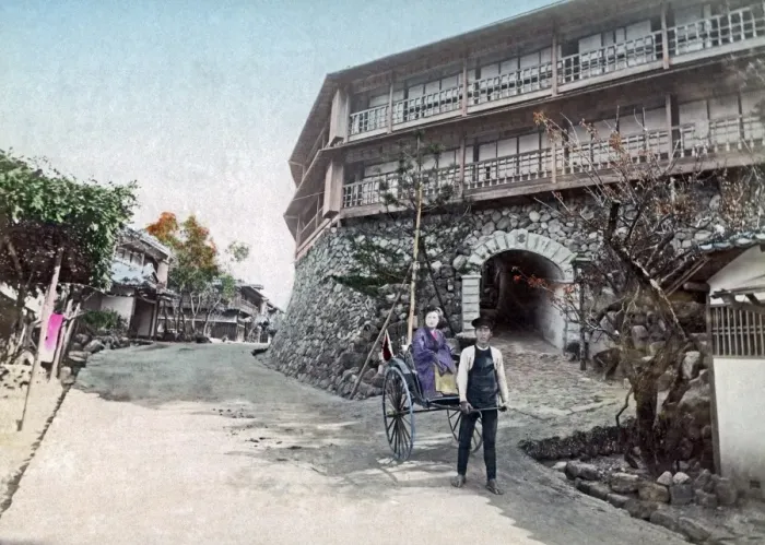 Framed Print : Hotel and rickshaw, Taradzuki, Kobe, Japan, circa 1890s Framed Print : Hotel and rickshaw, Taradzuki, Kobe, Japan, circa 1890s
