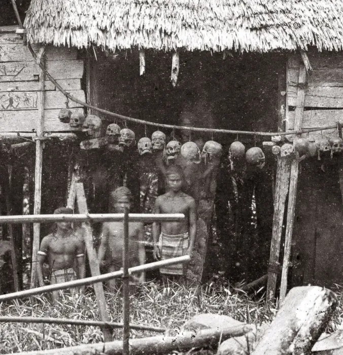 Framed Print : House belonging to headhunting tribe with skulls Framed Print : House belonging to headhunting tribe with skulls