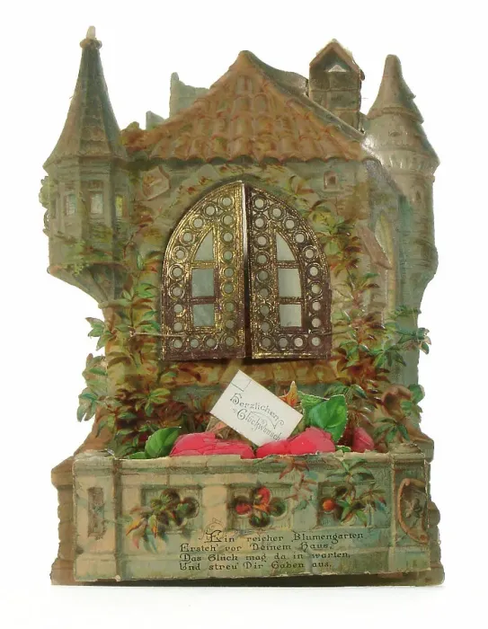 Framed Print : House and garden on a cutout German greetings card Framed Print : House and garden on a cutout German greetings card
