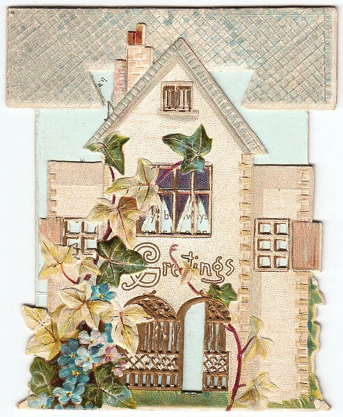 House with leaves and flowers on a greetings card