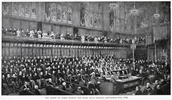 Framed Print : The House of Lords during the HOme Rule debate, Lord Chancellor (Lord Herschell) about to put the question. Date: 9th September 1893 Framed Print : The House of Lords during the HOme Rule debate, Lord Chancellor (Lord Herschell) about to put the question. Date: 9th September 1893