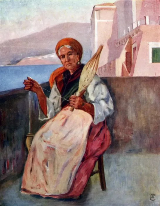 Framed Print : House top - Sorrento - an old woman spinning wool Framed Print : House top - Sorrento - an old woman spinning wool