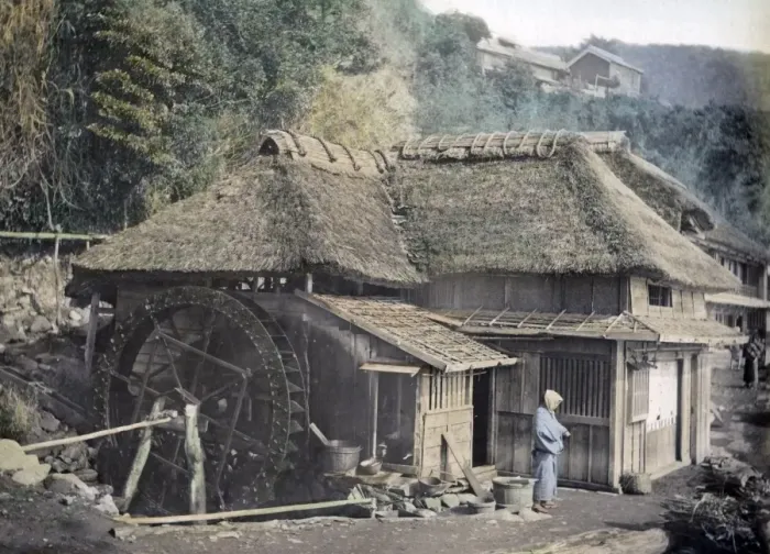 Framed Print : House and water mill, Japan, circa 1880s Framed Print : House and water mill, Japan, circa 1880s