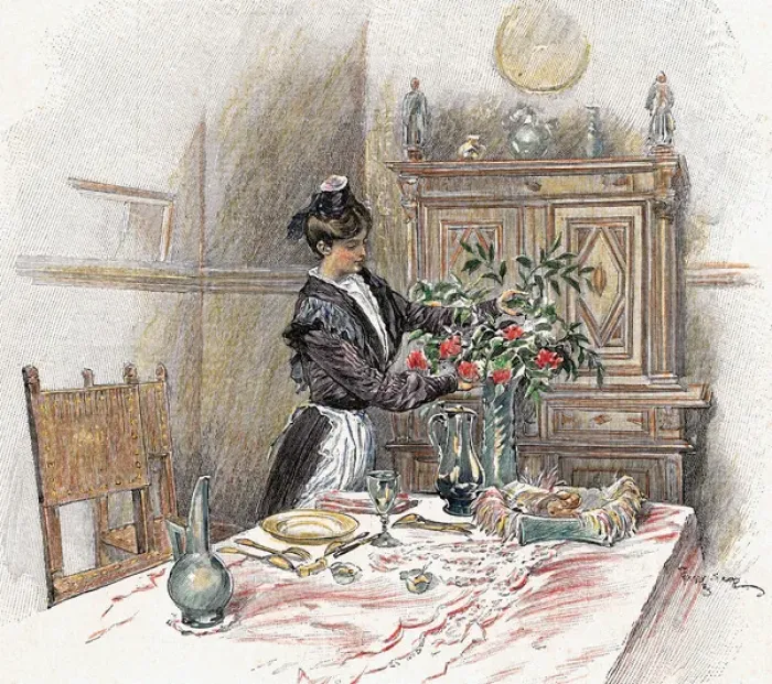 Framed Print : Housemaid decorating the table with a vase of flowers. Color Framed Print : Housemaid decorating the table with a vase of flowers. Color