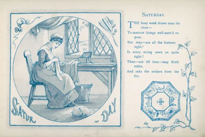 Framed Print : Housemaid sewing (Saturday) Framed Print : Housemaid sewing (Saturday)