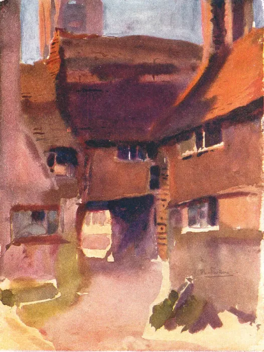 Framed Print : Houses. A painting of a pathway which leads underneath some houses. Date: circa 1916 Framed Print : Houses. A painting of a pathway which leads underneath some houses. Date: circa 1916