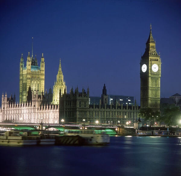The Houses of Parliament, Westminster Bridge over the River Thames and Big Ben at Night Date