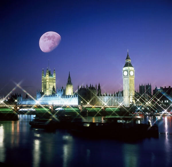 The Houses of Parliament, Westminster at night with Moon
