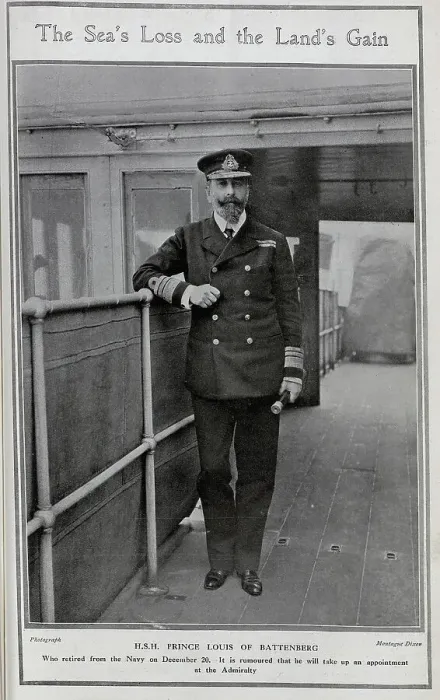 Framed Print : HSH Prince Louis of Battenberg (1854-1921) in naval uniform, with telescope, on board ship. Captioned, The Sea's Loss and the Land's Gain Framed Print : HSH Prince Louis of Battenberg (1854-1921) in naval uniform, with telescope, on board ship. Captioned, The Sea's Loss and the Land's Gain