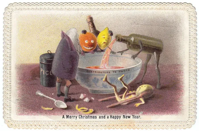 Framed Print : Humanised bottles and fruit on a Christmas card Framed Print : Humanised bottles and fruit on a Christmas card