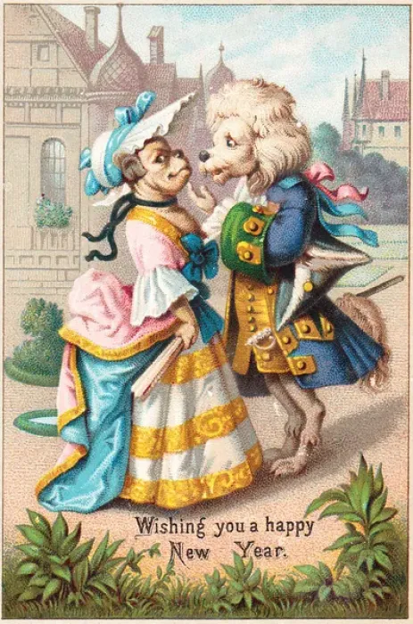 Framed Print : Two humanised dogs on a New Year card Framed Print : Two humanised dogs on a New Year card