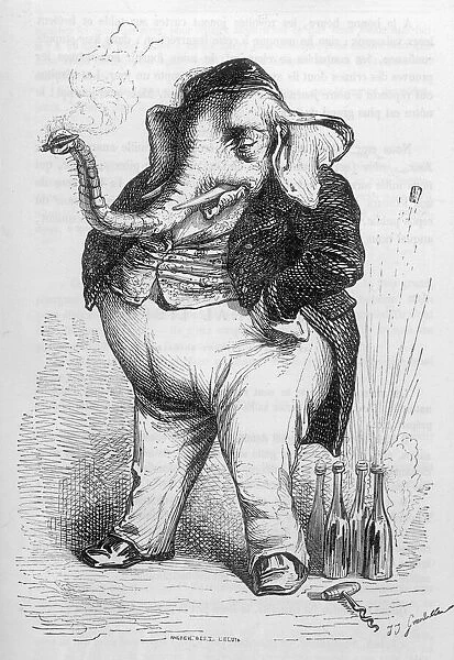 Humanised elephant in the role of a bon viveur