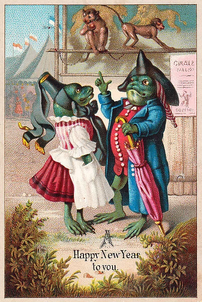 Humanised frog couple on a New Year card