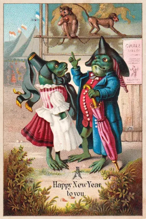 Framed Print : Humanised frog couple on a New Year card Framed Print : Humanised frog couple on a New Year card