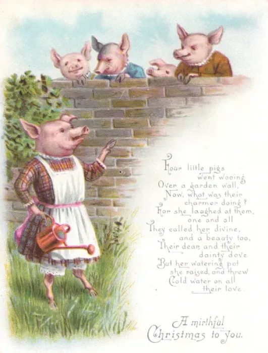Framed Print : Five humanised pigs on a Christmas card Framed Print : Five humanised pigs on a Christmas card