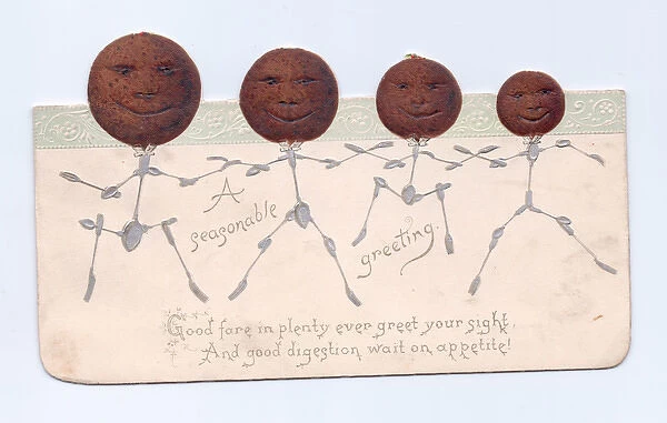 Four humanised puddings on a cutout Christmas card