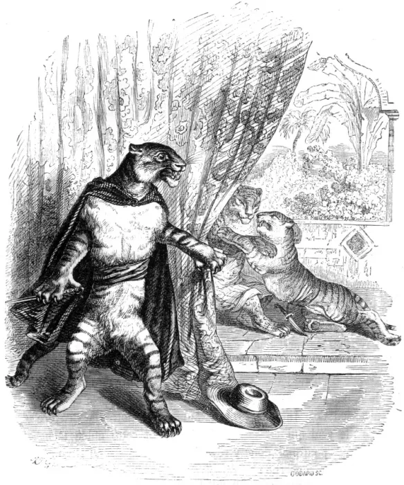 Framed Print : Humanised tiger in the role of a stage hero Framed Print : Humanised tiger in the role of a stage hero