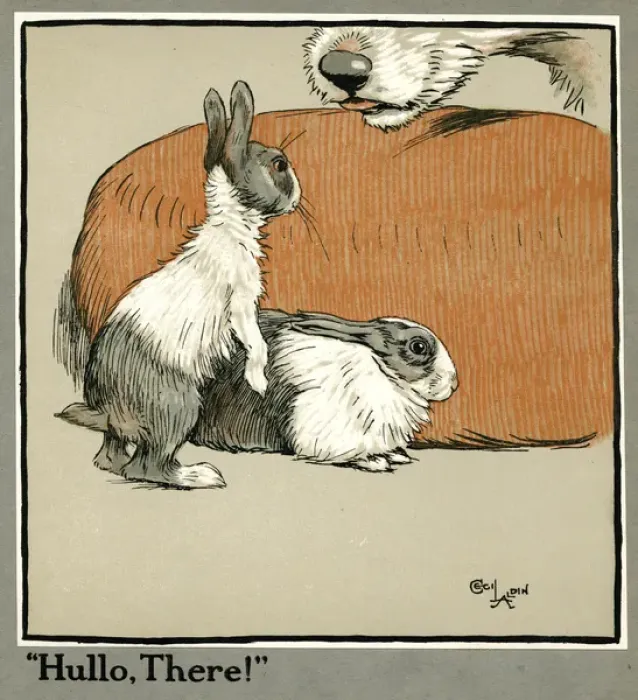 Framed Print : Humpty and Dumpty the rabbits meet a dog Framed Print : Humpty and Dumpty the rabbits meet a dog