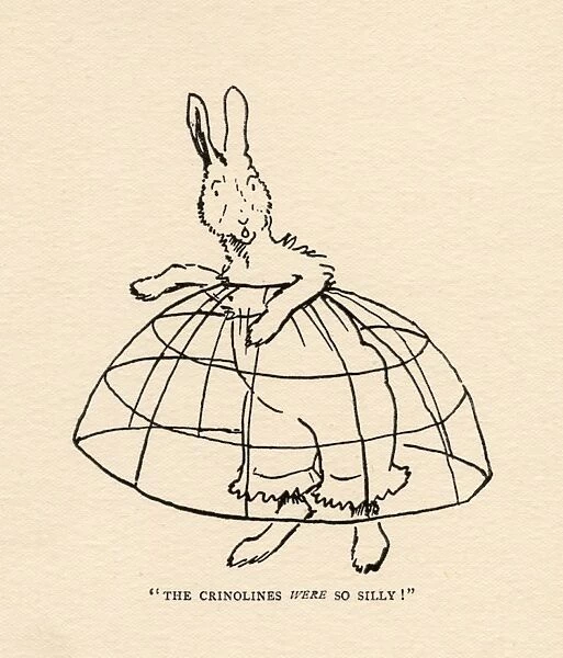Humpty the rabbit trying on pantalettes and crinoline