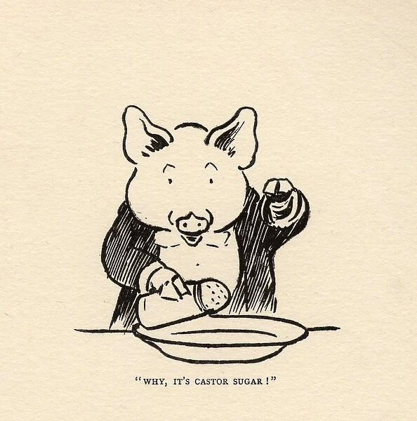 Hungry Peter the pig putting sugar in the soup
