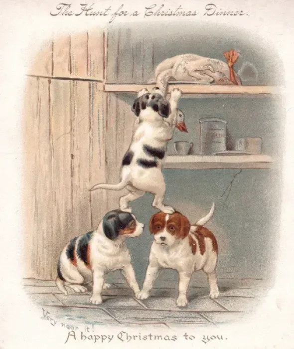 Framed Print : Three hungry puppies on a Christmas card Framed Print : Three hungry puppies on a Christmas card