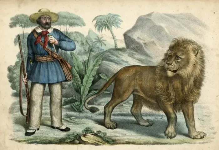 Framed Print : Hunter and Daring Lion