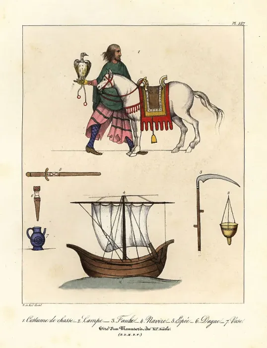 Framed Print : Hunter and horse, lamp, scythe, ship, sword, dagger, and vase, 1 Framed Print : Hunter and horse, lamp, scythe, ship, sword, dagger, and vase, 1