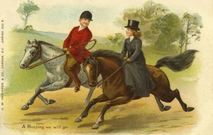 Framed Print : Hunting. A Hunting we will go. Edwardian man and woman on horseback in hunting dress Framed Print : Hunting. A Hunting we will go. Edwardian man and woman on horseback in hunting dress