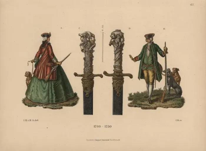 Framed Print : Hunting costumes and hunting swords from Framed Print : Hunting costumes and hunting swords from