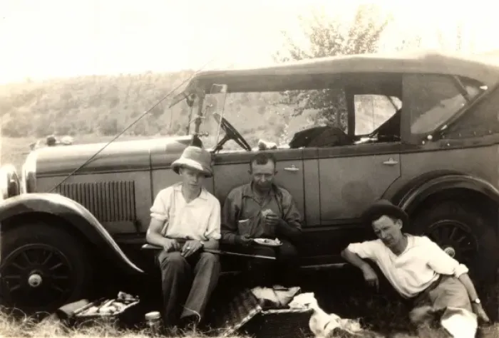 Framed Print : Hunting party have a picnic by their car Framed Print : Hunting party have a picnic by their car