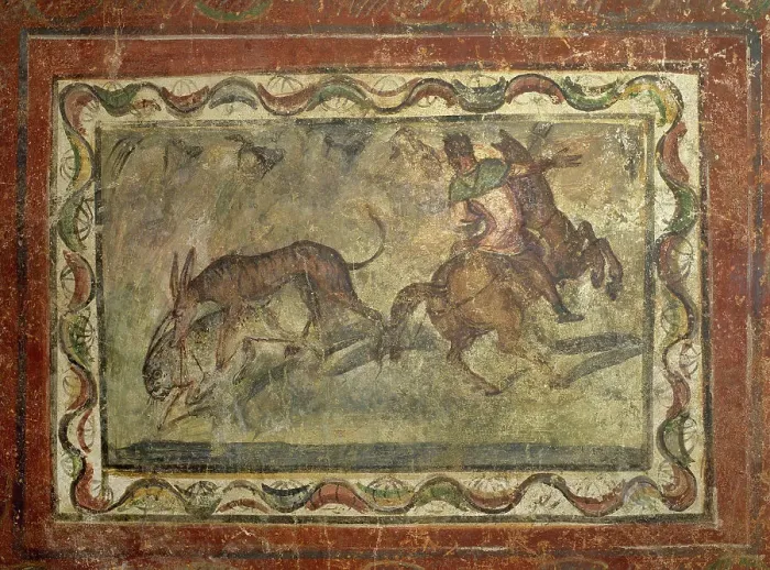 Framed Print : Hunting scene. Roman painting. Domus. 4th C. Merida (Augusta) Framed Print : Hunting scene. Roman painting. Domus. 4th C. Merida (Augusta)