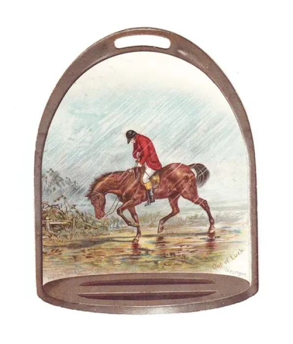 Framed Print : Hunting scene on a stirrup-shaped greetings card Framed Print : Hunting scene on a stirrup-shaped greetings card