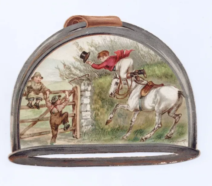 Framed Print : Hunting scene on a stirrup-shaped greetings card Framed Print : Hunting scene on a stirrup-shaped greetings card