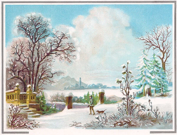 Huntsman and dog in winter scene on a Christmas card