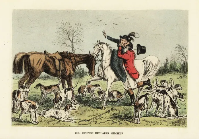 Framed Print : Huntsman in hunting pinks embracing a woman on a horse Framed Print : Huntsman in hunting pinks embracing a woman on a horse