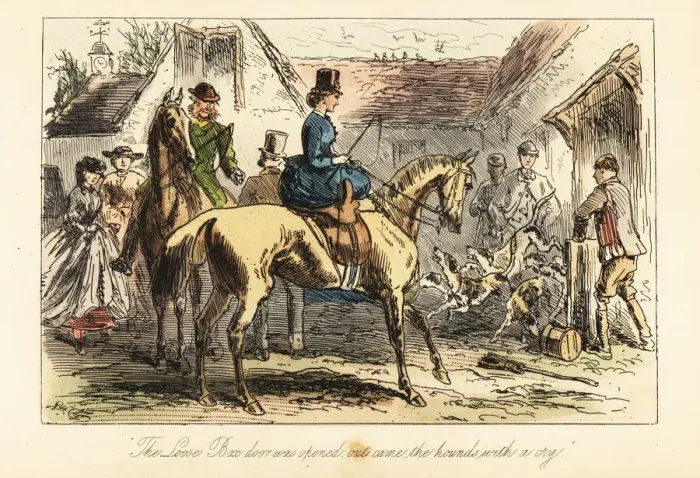 Framed Print : Huntsmen and women watch the fox-hounds let out of Framed Print : Huntsmen and women watch the fox-hounds let out of