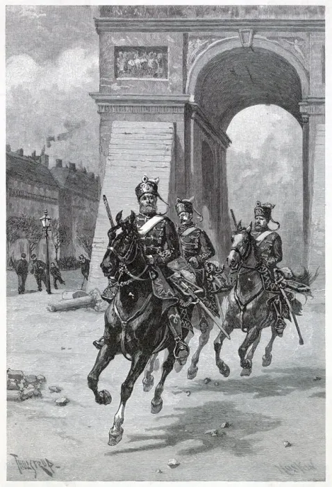 Framed Print : Three Hussars ride down the Champs Elysees Date: 1 March 1871 Framed Print : Three Hussars ride down the Champs Elysees Date: 1 March 1871