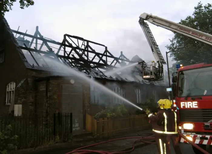 Framed Print : Hydraulic lift in action at a fire Framed Print : Hydraulic lift in action at a fire